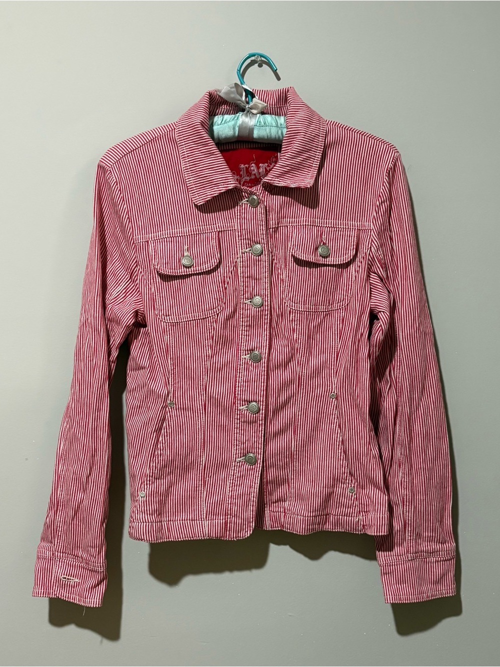 Red and white pinstripe denim jacket